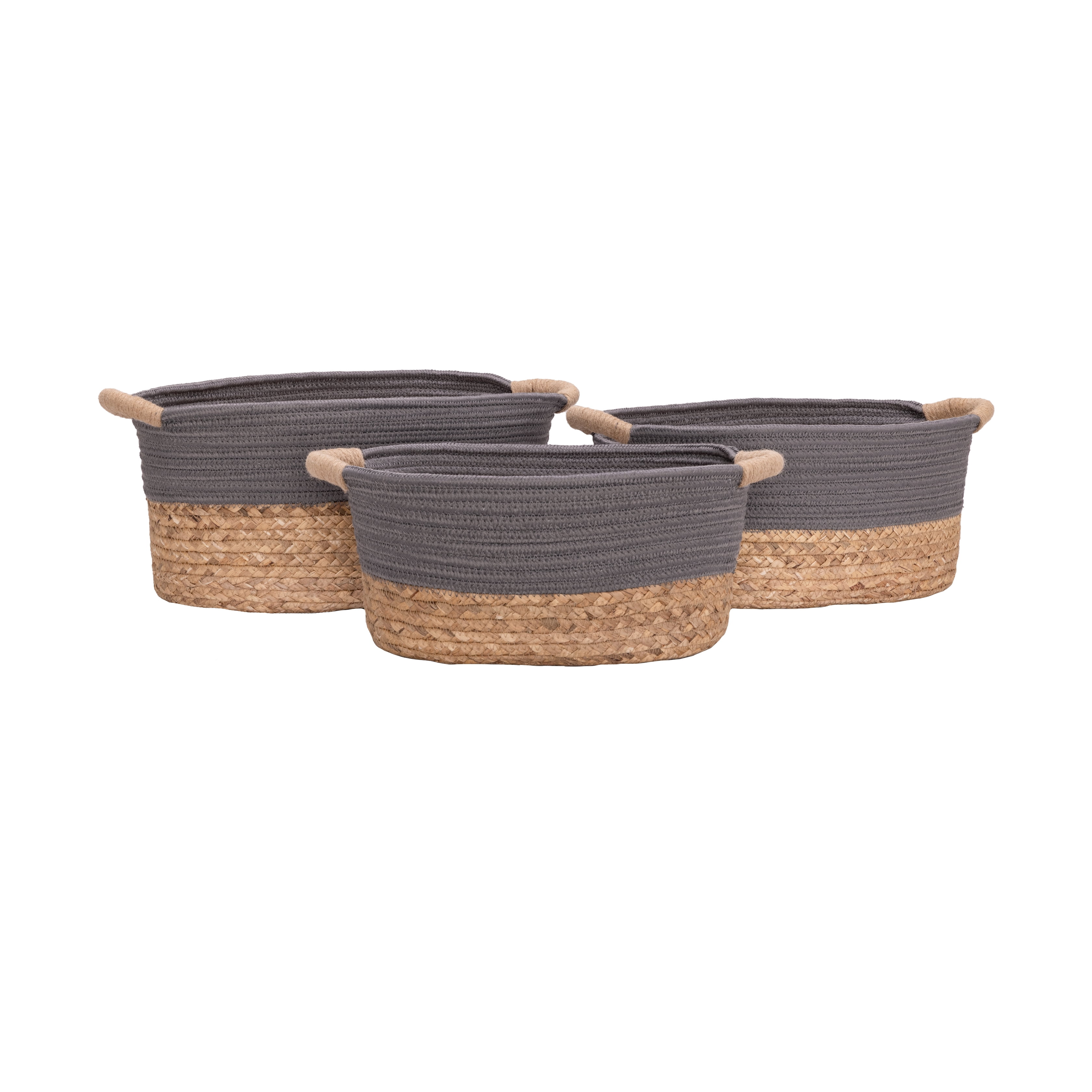 Seville Classics 3-Piece Natural Water Hyacinth and Rope Handwoven Basket Set, Gray