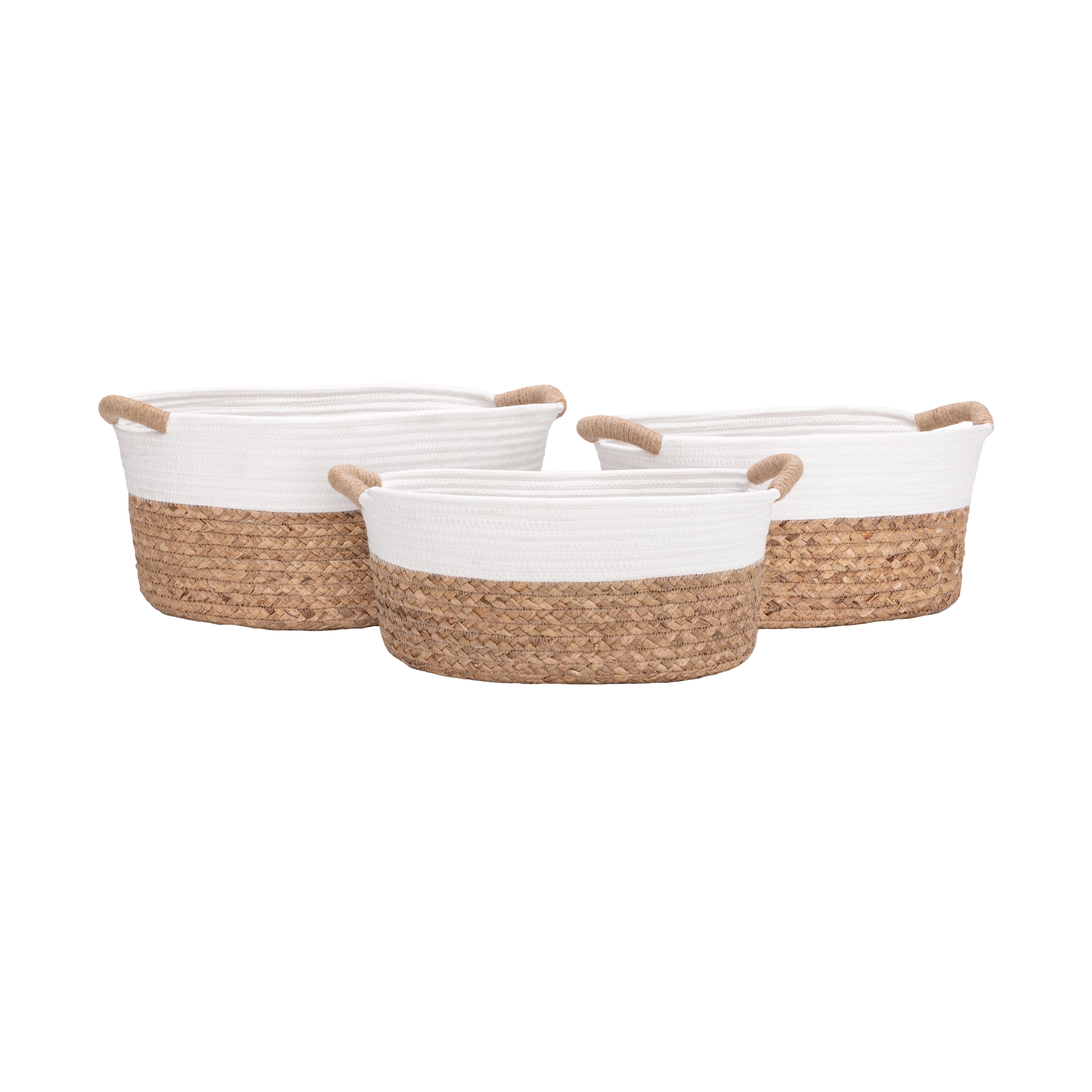 Seville Classics 3-Piece Natural Water Hyacinth and Rope Handwoven Basket Set, White