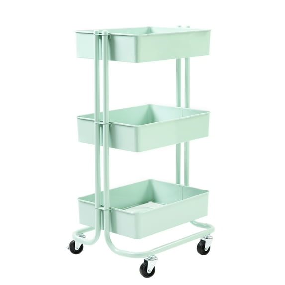 Seville Classics 3-Tier Rolling Steel Storage Bin Utility Kitchen Trolley with Wheels Cart, Green