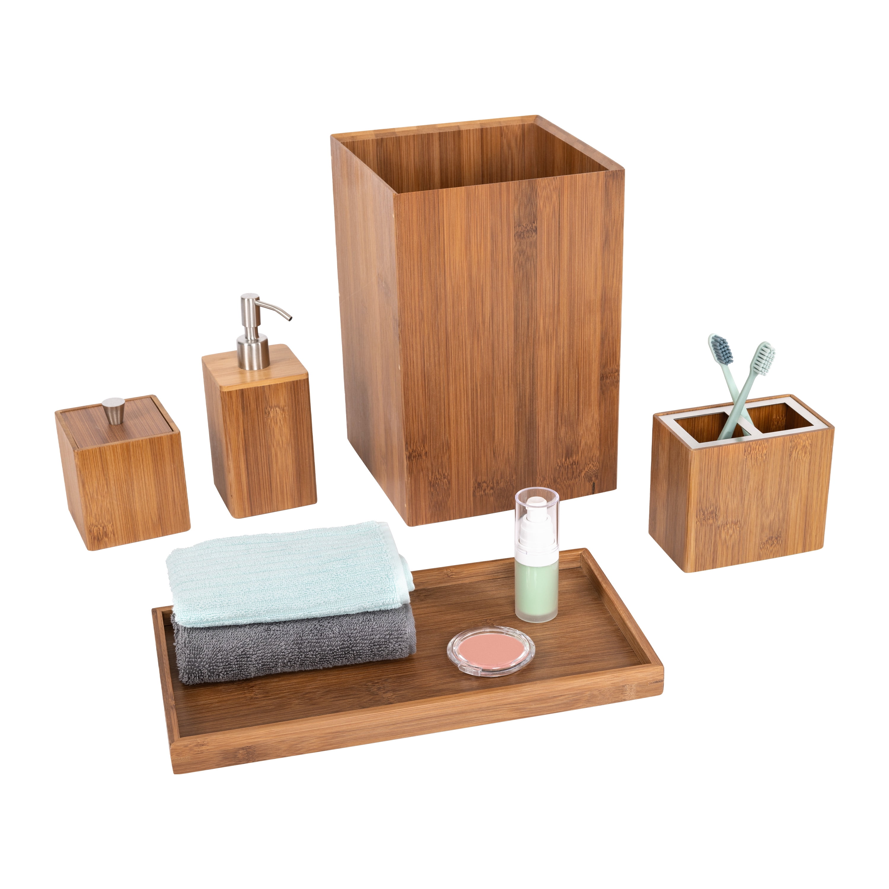 Rustic Bamboo and Stainless Steel 5-Piece Bathroom Set