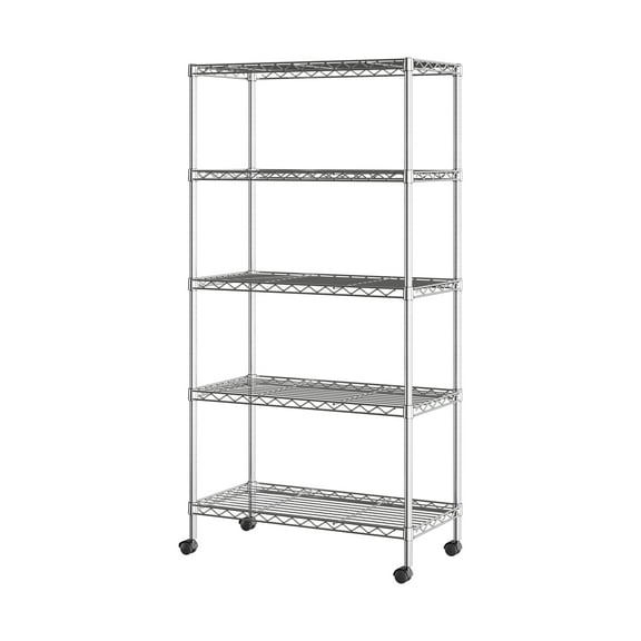 Seville Classics 5-Tier Steel Wire Shelving with Wheels, 30" W x 14" D x 60" H, Chrome Plated