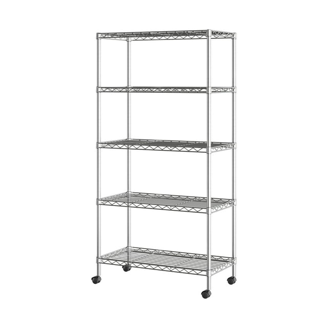 Seville Classics 5-Tier Steel Wire Shelving with Wheels, 30" W x 14" D x 60" H, Chrome Plated