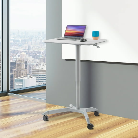 Seville Classics airLIFT XL 28" Pneumatic Height Adjustable Sit-Stand Mobile Laptop Computer Desk Cart (27.1" to 41.9" H), White