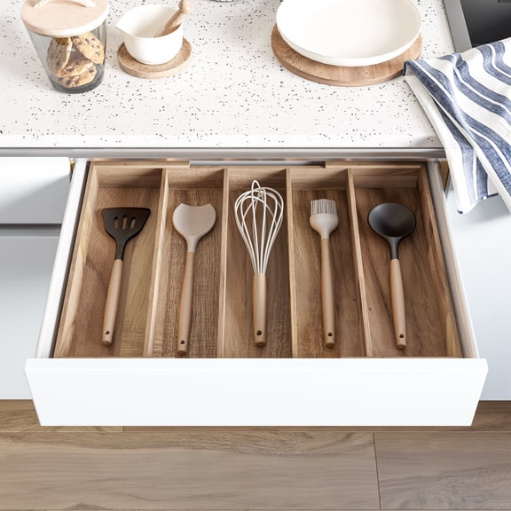 Seville Classics Acacia Wood Expandable 5-Compartment Organizer Storage for Kitchen Utensils