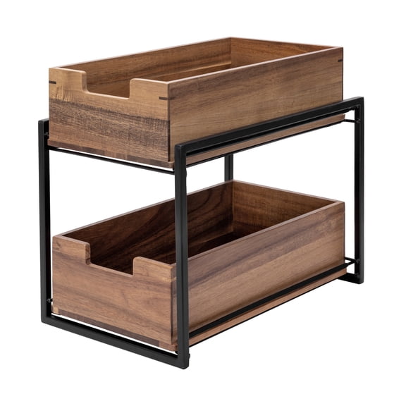 Seville Classics Acacia Wood Premium Organizer Storage Bins for Kitchen Silverware, Pantry, Closet, Office Desk, Pens, Utensils, Makeup, K Cup, Acacia, 2-Tier Bin Set, Black