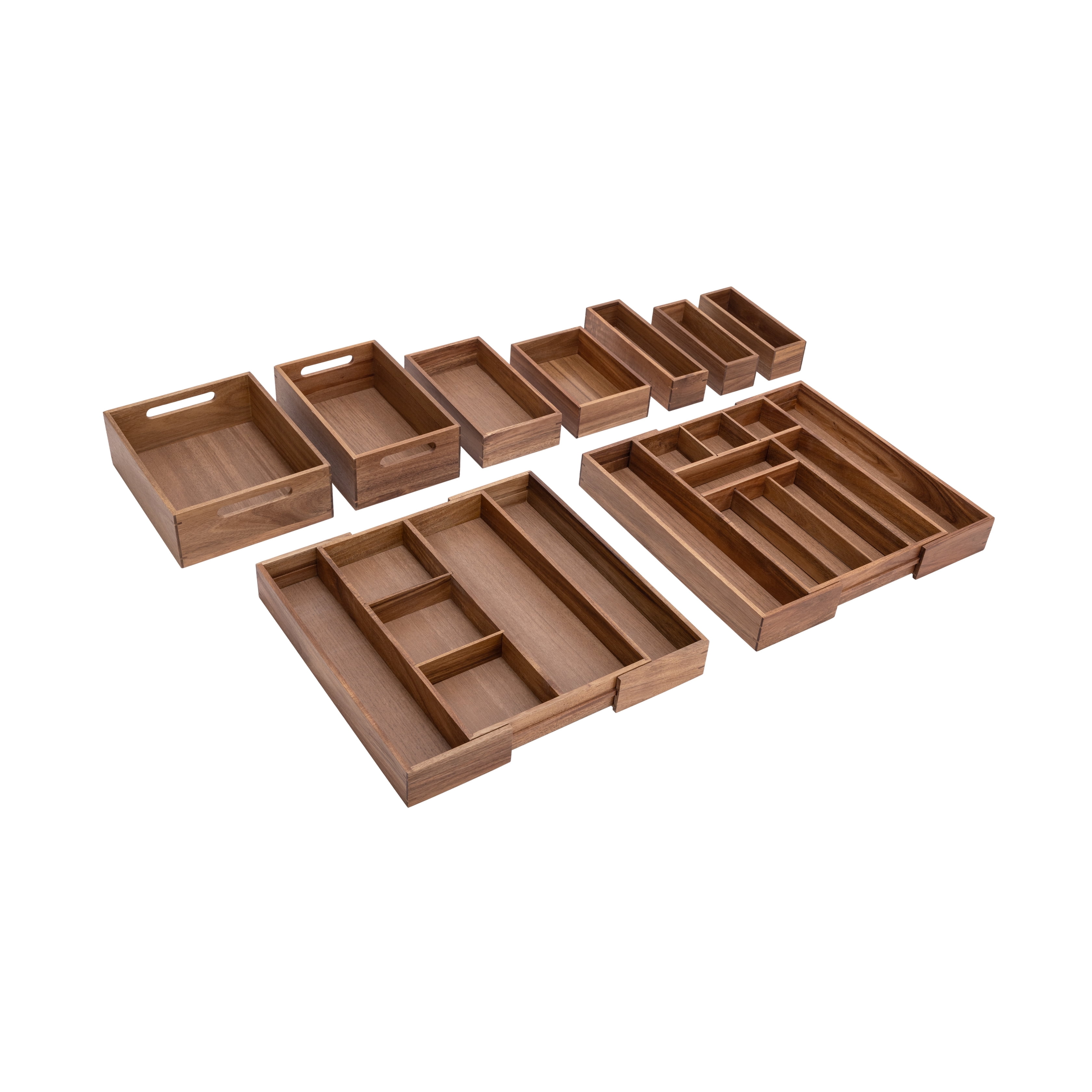 Seville Classics Acaicia Wood Premium Organizer Storage Bins for Kitchen Silverware, Pantry, Closet, Office Desk, Pens, Utensils, Makeup, K Cup, Acacia Wood, Bin Set (9 Piece)