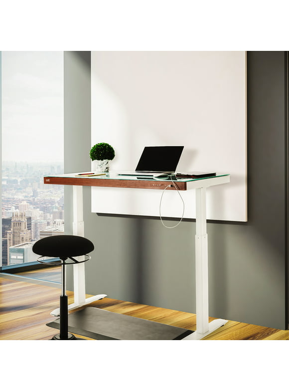Seville Classics AirLIFT 48" Tempered Glass Electric Sit-Stand Desk with Dual USB Charging ports with Wood front