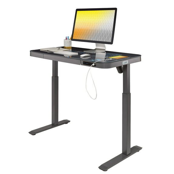 Seville Classics airLIFT® Electric Height Adjustable Desk with Tempered Glass Top, USB Charging Ergonomic Sit Stand Modern Home Office Workstation, 47.5" x 24" Pull Out Drawer, Graphite