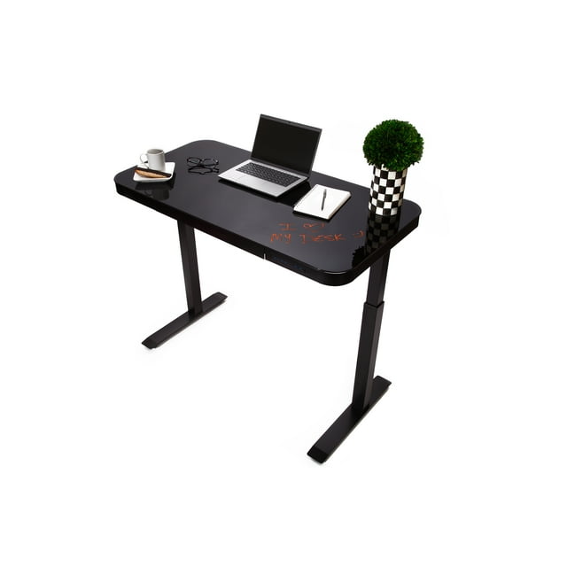 Seville Classics Airlift Electric Height Adjustable Desk with Tempered Glass Top, USB Charging Ergonomic Sit Stand Modern Home Office Workstation, 47.5" x 24" Pull Out Drawer, Black