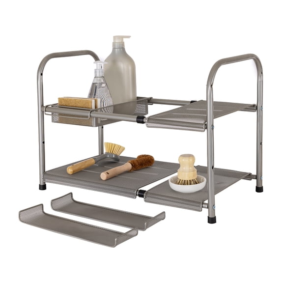 Seville Classics Compact Small Metal Steel Wire Shelf Organizer Shelving for Cabinets, Bath, Kitchen, Countertop, 2-Tier Expandable Under-Sink, Matte Nickel