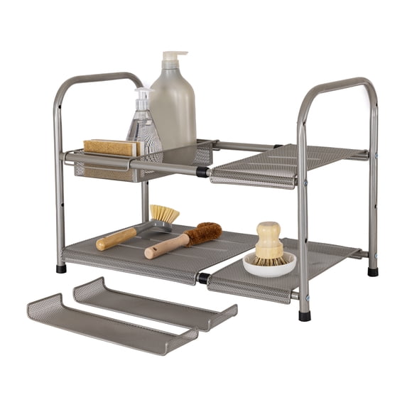 Seville Classics Compact Small Metal Steel Wire Shelf Organizer Shelving for Cabinets, Bath, Kitchen, Countertop, 2-Tier Expandable Under-Sink, Matte Nickel