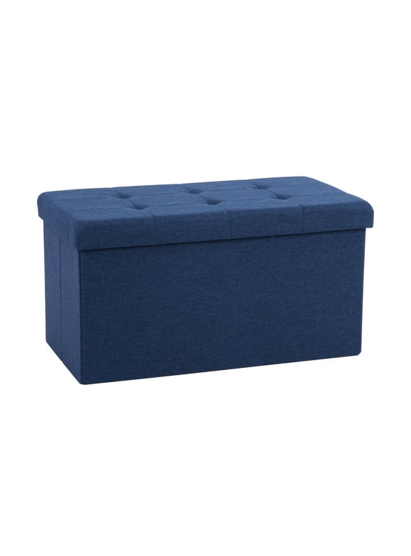Seville Classics Cushioned Fabric Ottoman Hidden Storage Chest Footrest Chair, Padded Seat for Bedroom, Dorm, Loft, Living Room, Entryway, Hallway, Midnight Blue, 30" Bench