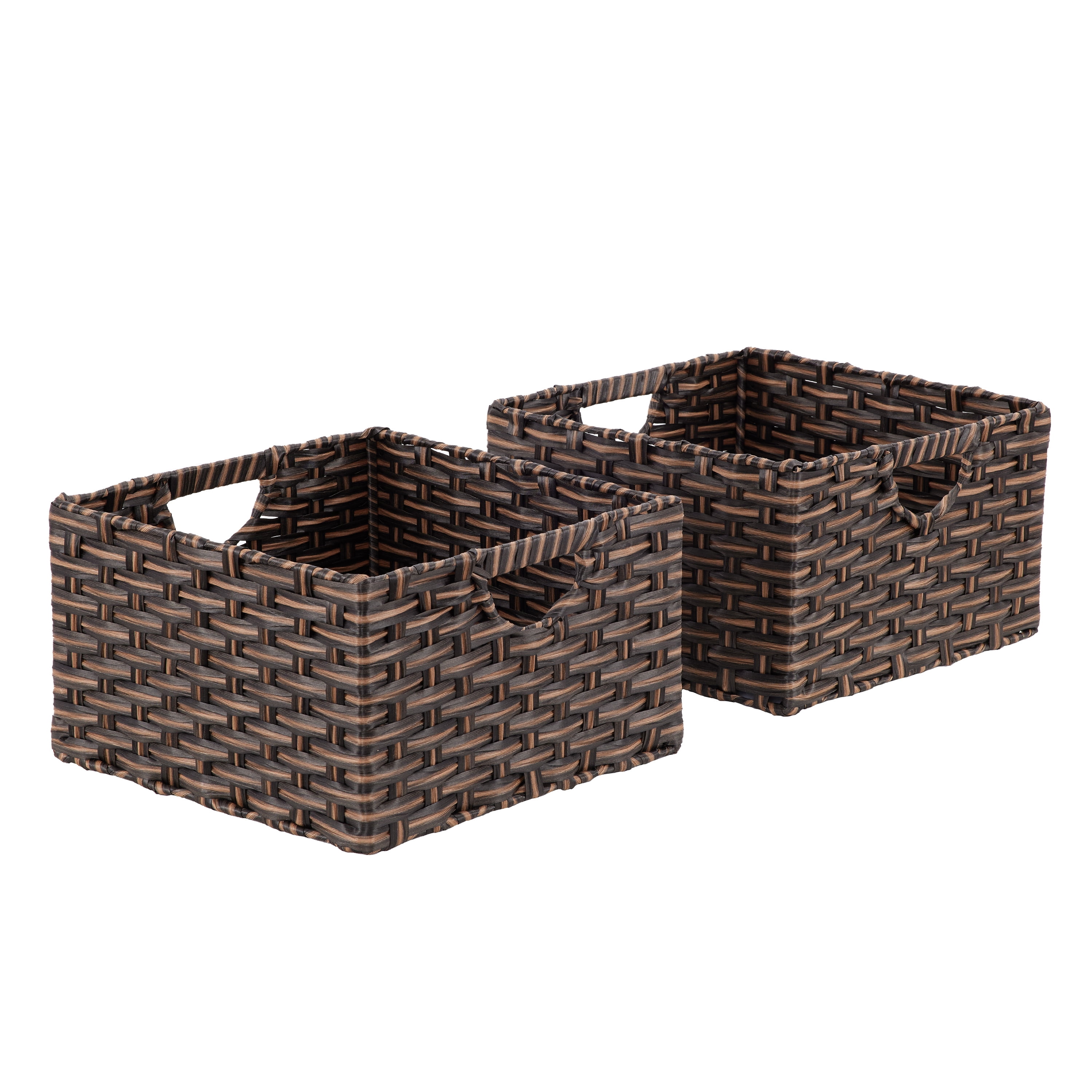 Mocha Brown Handwoven Square Storage Baskets with Handles, Set of 2