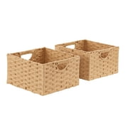 Seville Classics Handwoven Collapsible Square Storage Basket Bin with Handles (2-Pack) for Shelves, Cubbies, Counter tops, Synthetic Wicker, 6.7 Gallons (25.4 Liters), Tan