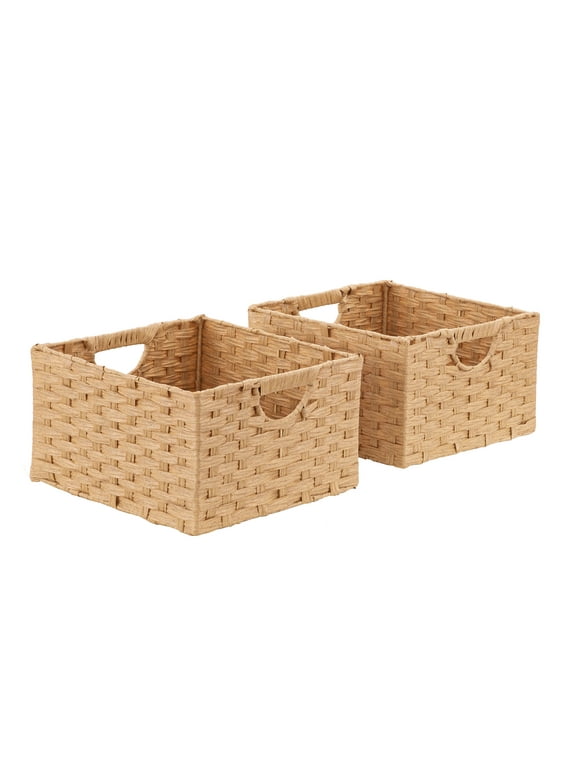 Seville Classics Handwoven Collapsible Square Storage Basket Bin with Handles (2-Pack) for Shelves, Cubbies, Counter tops, Synthetic Wicker, 6.7 Gallons (25.4 Liters), Tan