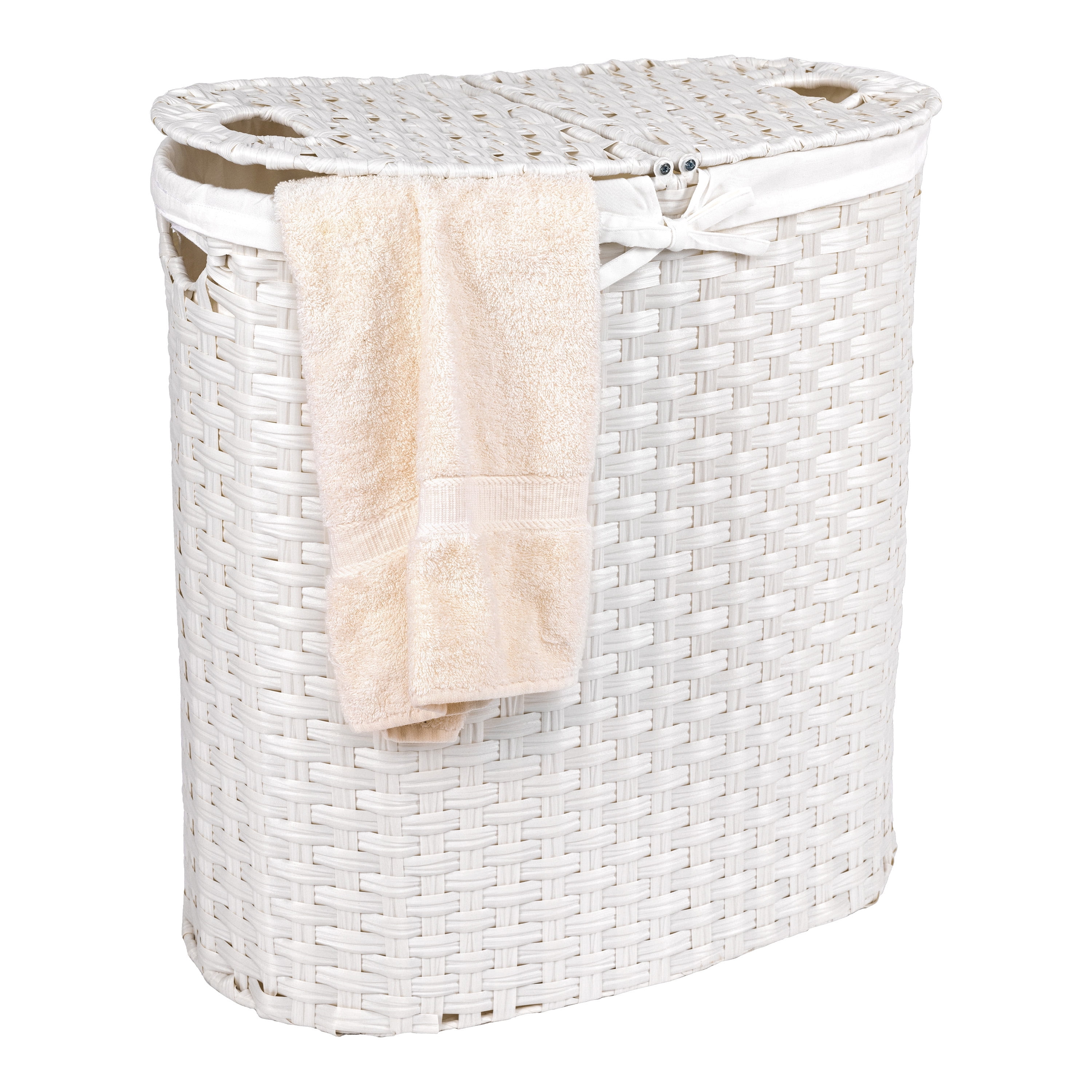 White Handwoven Oval Double Laundry Hamper with Lid