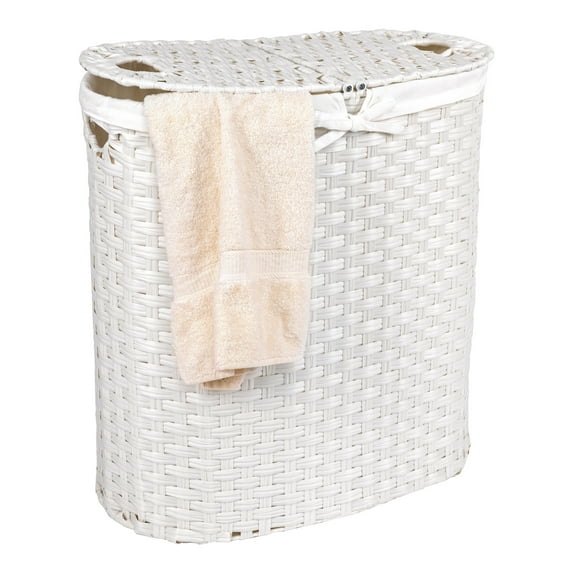 Seville Classics Handwoven Oval Double Laundry Hamper with 2 Liners, White