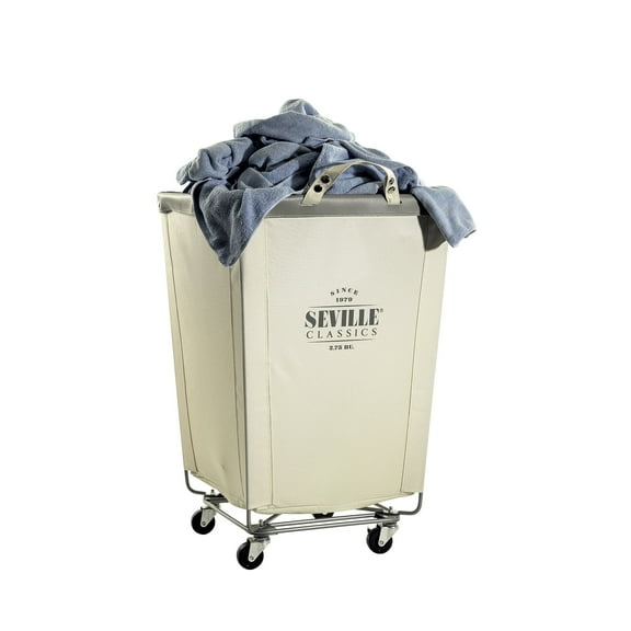 Seville Classics Large Commercial Heavy Duty Rolling Steel Frame Laundry Hamper Canvas Cart Bin, w/ Wheels for Hotel, Home, Closet, Bedroom (PATENTED), Cream, 18.1" D x 18.1" W