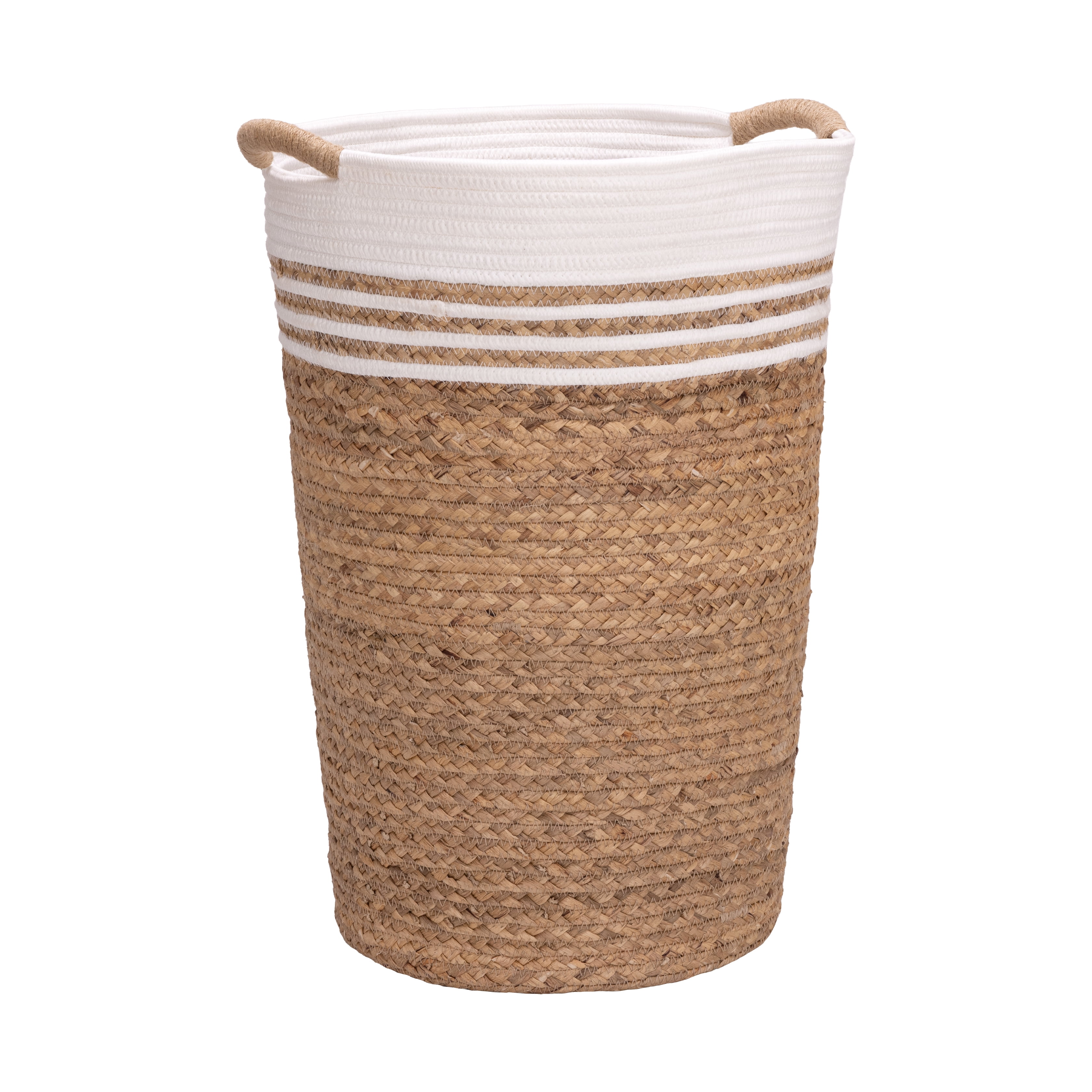 Seville Classics Natural Water Hyacinth and Rope Round Hamper with Liner, White