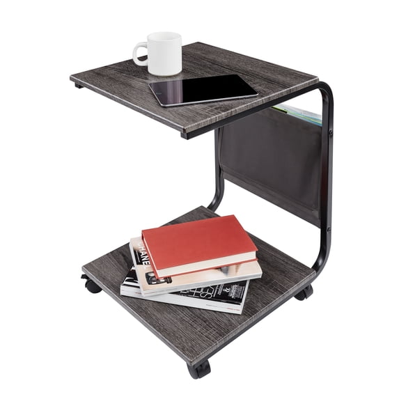Seville Classics Rolling 15.7” C Shaped End Table for Living Room Sofa, Bedroom, TV Tray, Coffee with Side Pocket Storage and Rustic Ashwood MDF finish