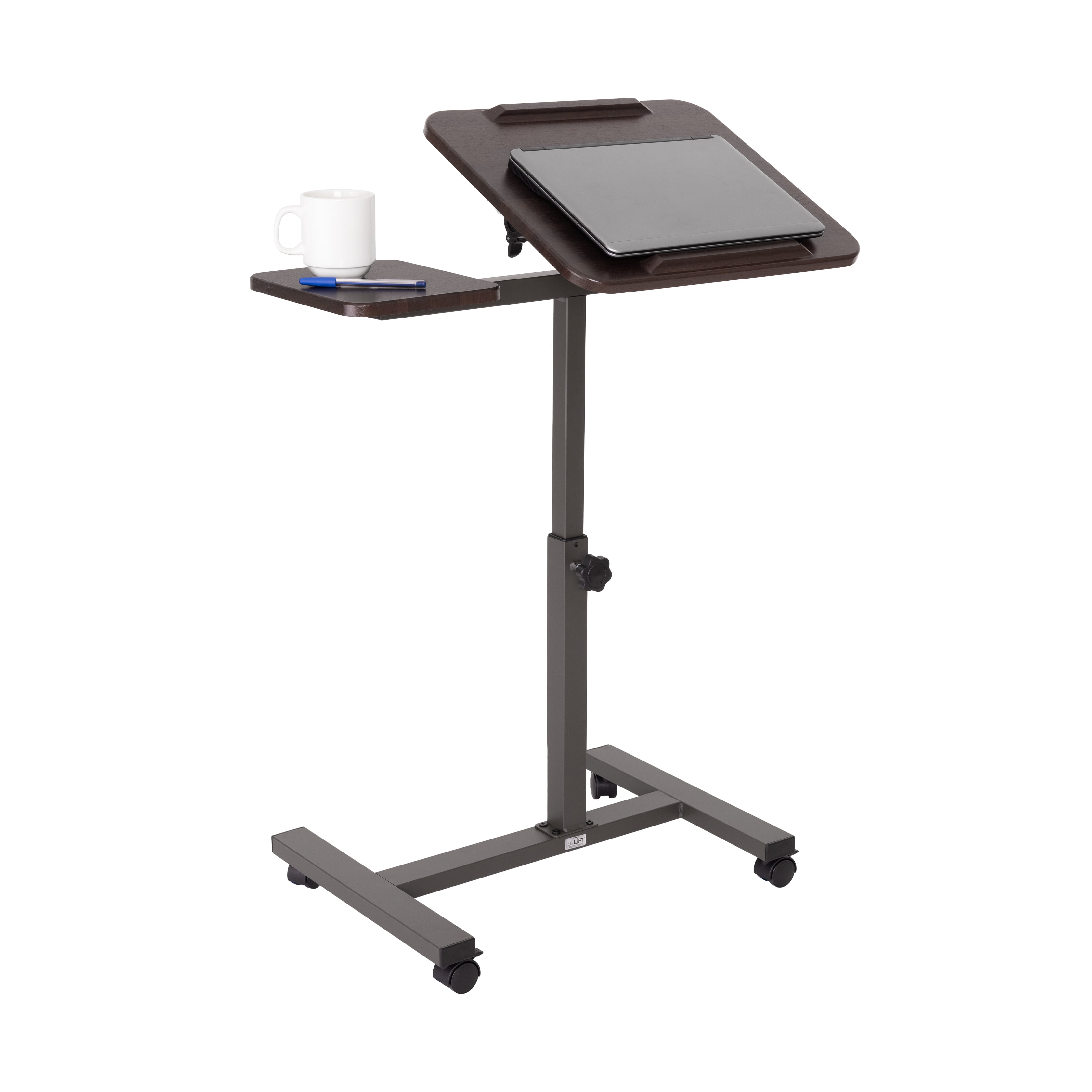Walnut Adjustable Height Rolling Laptop Desk with Side Table