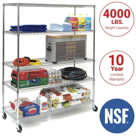 Seville Classics UltraDurable 5-Tier NSF-Certified Steel Wire Shelving with Wheels, 60" W x 24" D x 72" H, Chrome