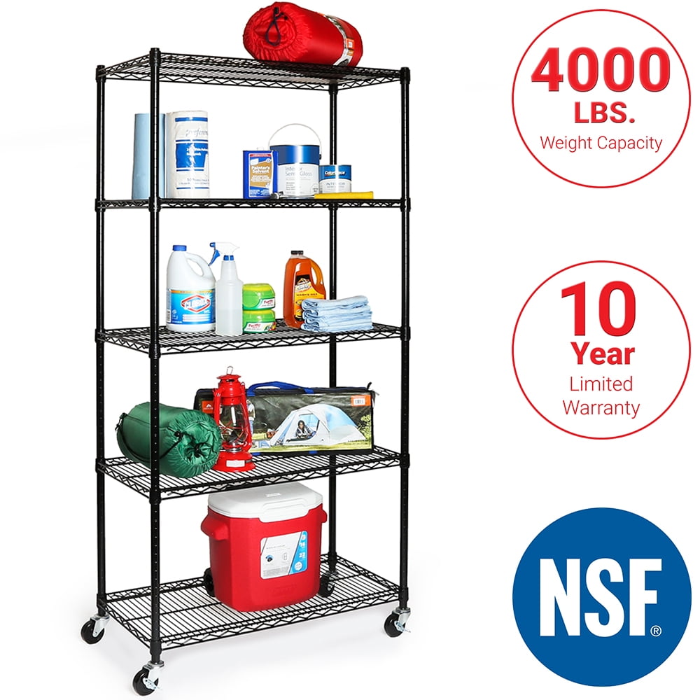 36" Black 5-Tier NSF-Certified Steel Wire Shelving with Wheels