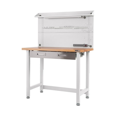 Seville Classics UltraHD® Heavy Duty Commercial Lighted Workcenter Workbench w/ Pegboard, White, 48" W x 24" D x 65.5" H