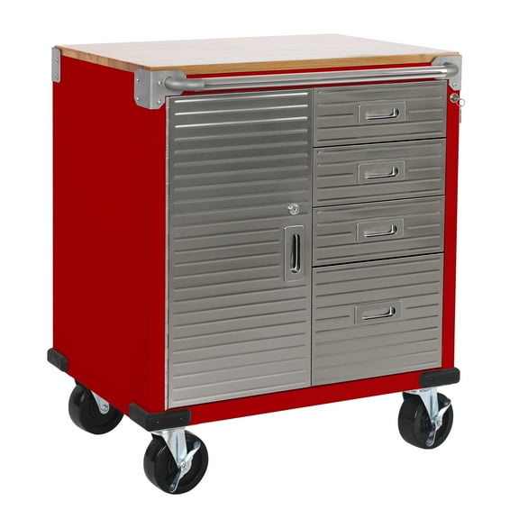 Seville Classics UltraHD® Heavy Duty Rolling Cabinet Workbench Table w/ Solid Wood Top, Workstation for Garage, Office, Workshop, Red, 1-Door, 4-Drawer (28" W x 25" D)