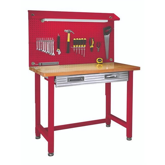Seville Classics UltraHD® Heavy Duty Commercial Lighted Workcenter Workbench w/ Wood Top and Pegboard, Red, 48" W x 24" D x 65.5" H