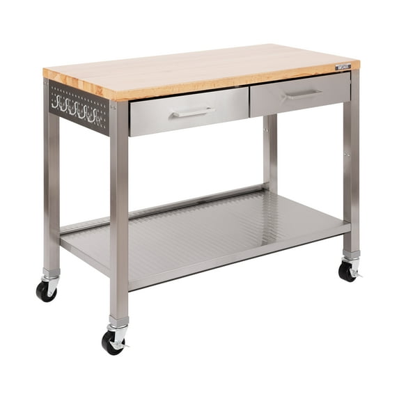 Seville Classics UltraHD Stainless Steel Workcenter Professional Kitchen Island, 2-Drawer, Peg Boards, Steel, Solid Wood Top