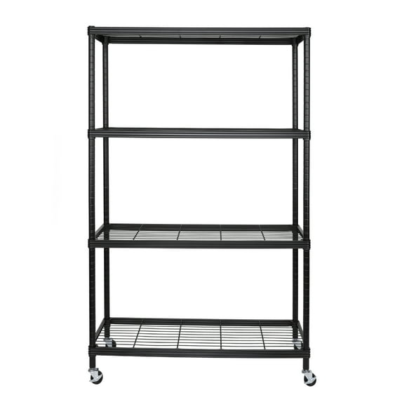 Seville Classics UltraModernTM Ridge Edged Design 4-Tier Adjustable Steel Wire Rack Organizer Shelving Storage with Wheels, 36" W x 14" D x 56" H, Black