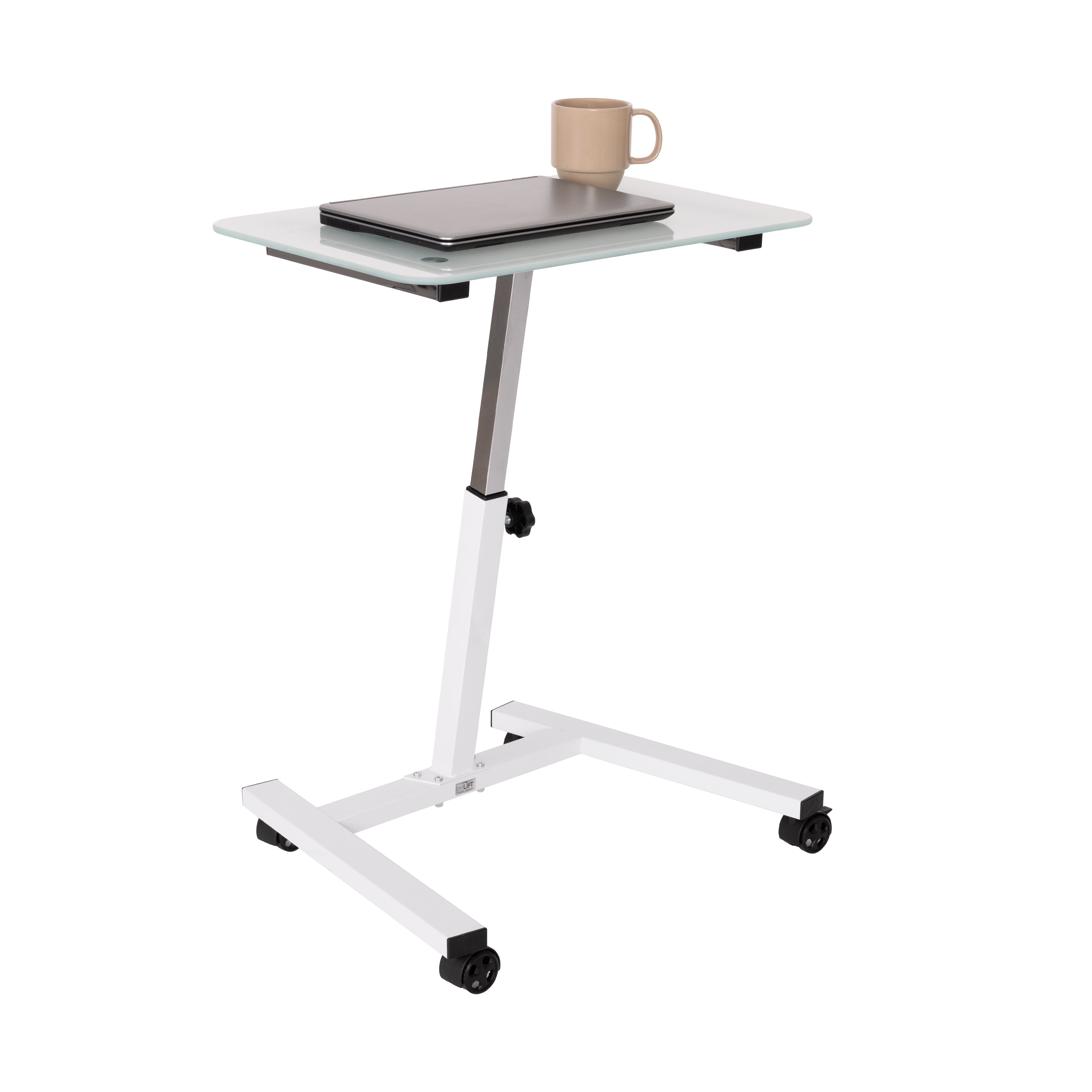 White Adjustable Height Glass Mobile Laptop Desk Cart