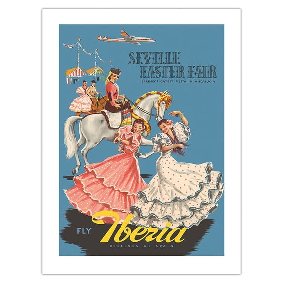 Seville Easter Fair - Fiesta Andalusia (Andalucia) - Iberia Air Lines of Spain - Vintage Airline Travel Poster c.1950s - Fine Art Matte Paper Print (Unframed) 18x24in