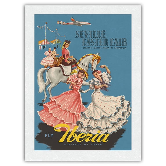 Seville Easter Fair - Fiesta Andalusia (Andalucia) - Iberia Air Lines of Spain - Vintage Airline Travel Poster c.1950s - Japanese Unryu Rice Paper Art Print 24 x 32 in
