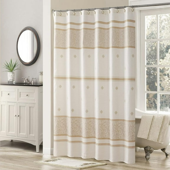 Seville Farmhouse Tan Polyester Stripes Printed Modern Shower Curtain,Decorative Yellow Waterproof Fabric Bathroom Curtains,72" W x 72" L