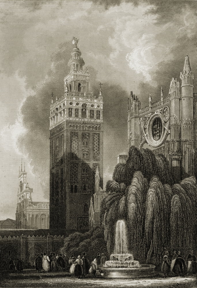 Seville Spain Giralda Tower 19Th Century Print Engraved By B Metzeroth Canvas Art - Ken Welsh Design Pics (12 x 18)