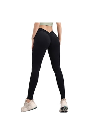V Back Scrunch High Waist Butt Lifting Leggings for Women Tummy Control Yoga Workout Solid Color Booty Tights Pants(Black,L)