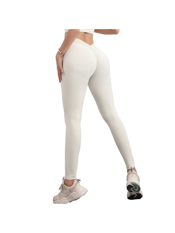 V Back Scrunch High Waist Butt Lifting Leggings for Women Tummy Control Yoga Workout Solid Color Booty Tights Pants(White,L)