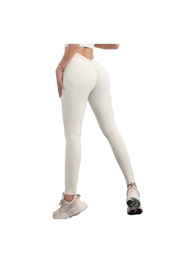 V Back Scrunch High Waist Butt Lifting Leggings for Women Tummy Control Yoga Workout Solid Color Booty Tights Pants(White,S)