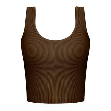Sevpuikl Women Seamless Ribbed Sleeveless Sport Crop Top Solid Color for Yoga Gym Soft Lightweight Summer Classic Style(Coffee,S)