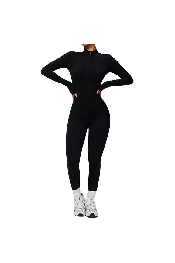 Women's Long Sleeve Half Zip Up Jumpsuit One Piece Romper Slim Fit for Yoga Pilates Gym Stretchy Tummy Control(Black,M)