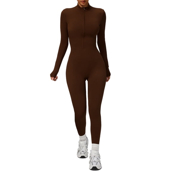 Sevpuikl Women's Long Sleeve Half Zip Up Jumpsuit One Piece Romper Slim Fit for Yoga Pilates Gym Stretchy Tummy Control(Brown,L)