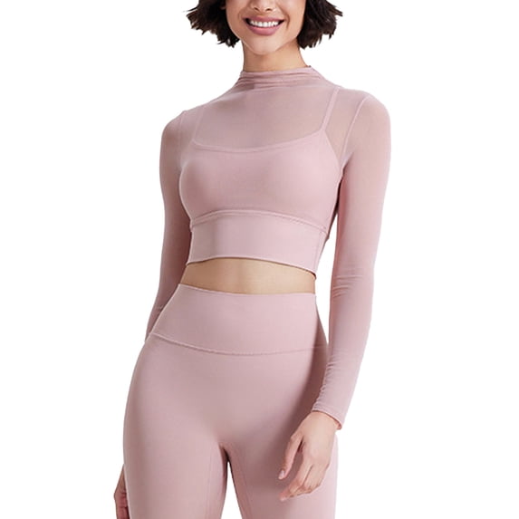 Sevpuikl Women's Long Sleeves Sheer Mesh Mock Neck with Built-in Bra Crop Top Slim Fit Solid Color Yoga Fitness(Pink,S)