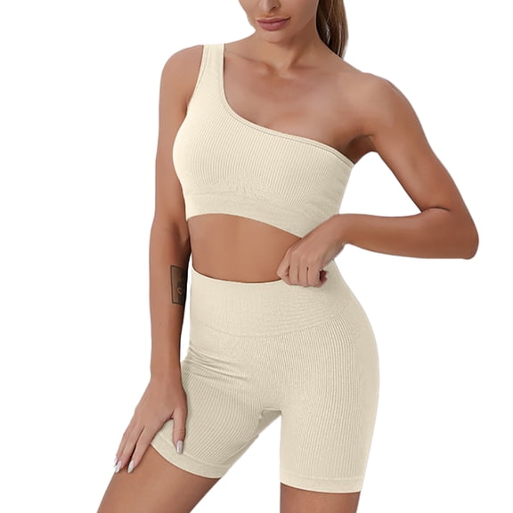 Sevpuikl Women's Ribbed Sleeveless One Shoulder Tank Top High Waist Tummy Control Yoga Shorts 2 Pieces Set for Gym Workout Yoga Outfit Solid Color(Beige,L)