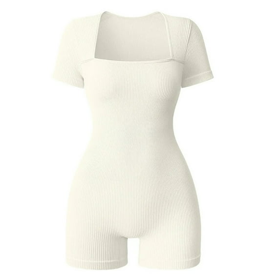 Sevpuikl Women's Ribbed Square Neck Short Sleeves Romper Tummy Control One Piece Yoga Jumpsuit Bodysuit Seamless for Workout Exercise(Beige,L)