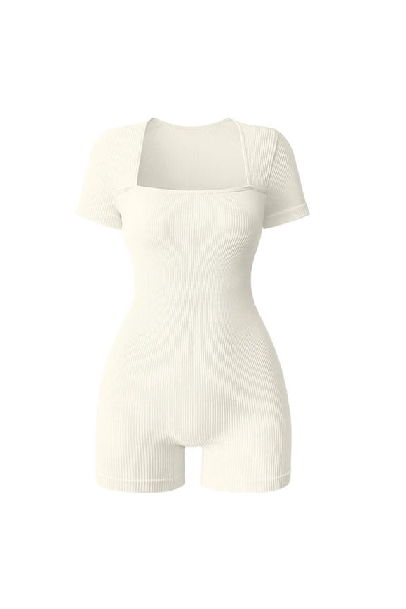 Women's Ribbed Square Neck Short Sleeves Romper Tummy Control One Piece Yoga Jumpsuit Bodysuit Seamless for Workout Exercise(Beige,S)