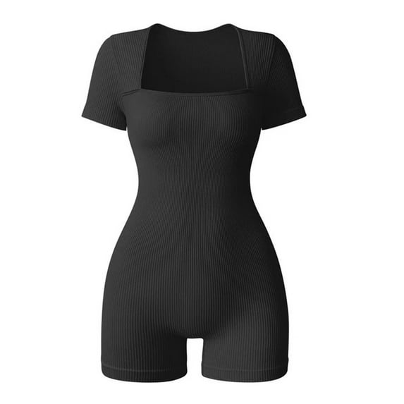 Sevpuikl Women's Ribbed Square Neck Short Sleeves Romper Tummy Control One Piece Yoga Jumpsuit Bodysuit Seamless for Workout Exercise(Black,L)