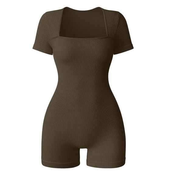 Sevpuikl Women's Ribbed Square Neck Short Sleeves Romper Tummy Control One Piece Yoga Jumpsuit Bodysuit Seamless for Workout Exercise(Dark brown,S)