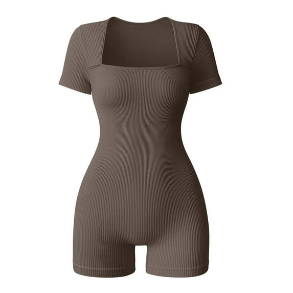 Sevpuikl Women's Ribbed Square Neck Short Sleeves Romper Tummy Control One Piece Yoga Jumpsuit Bodysuit Seamless for Workout Exercise(Light brown,S)